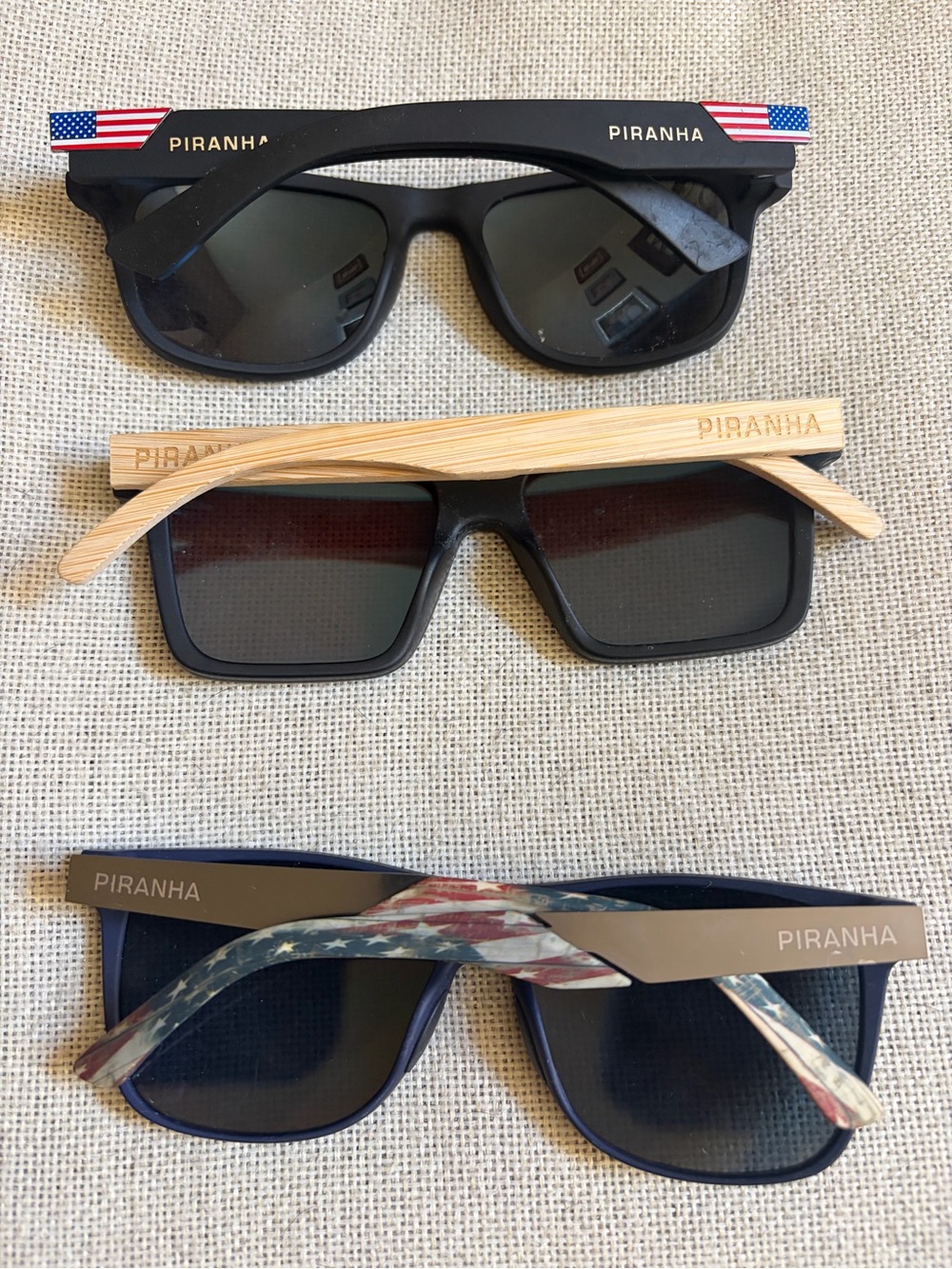 PIRANHA Sunglasses Trio - Black Frames with Wooden bamboo  & Flag Accents
